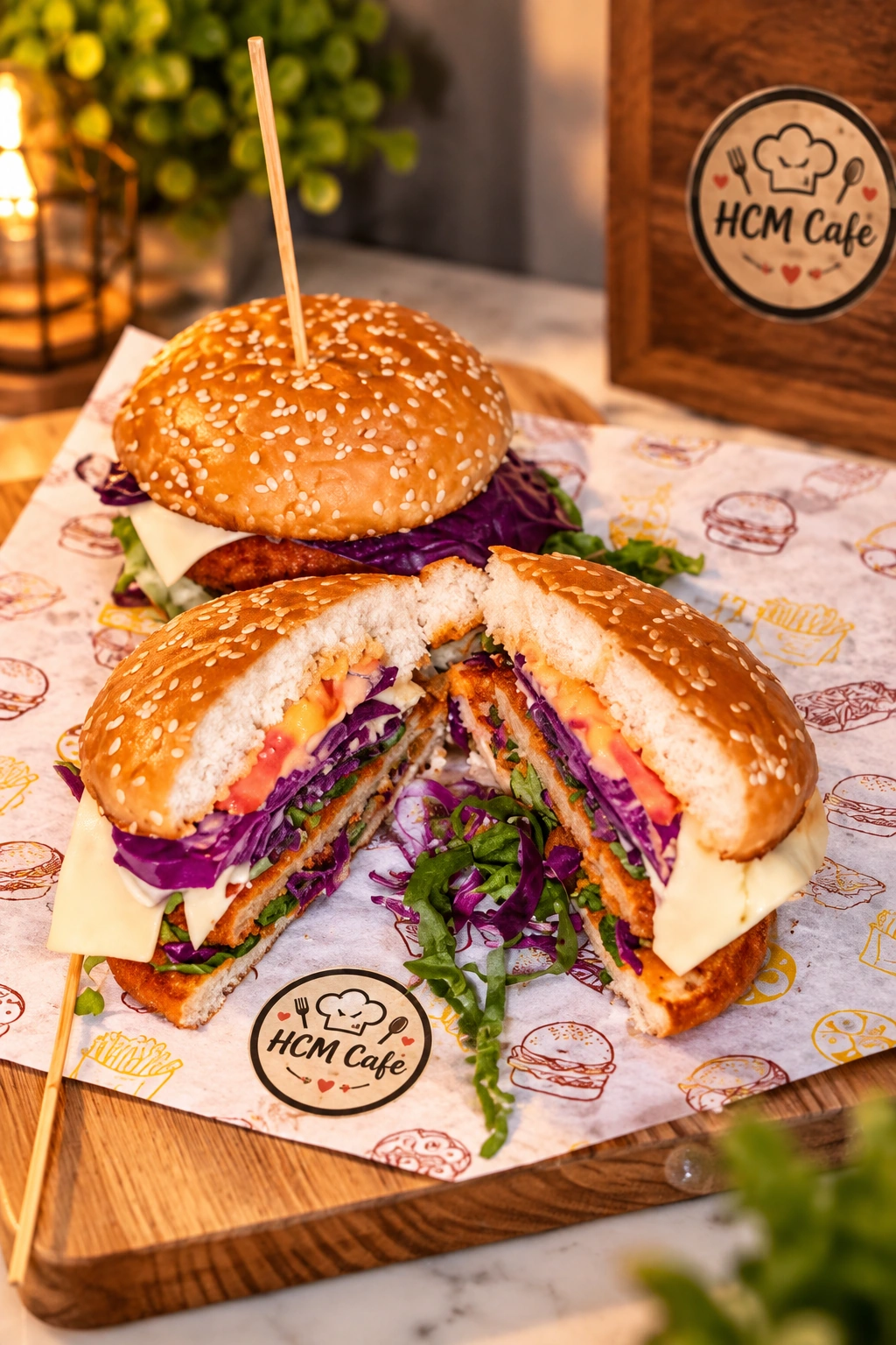 HCM Café burgers, including a burger cut in half to show the cheese, red cabbage, lettuce and sauce