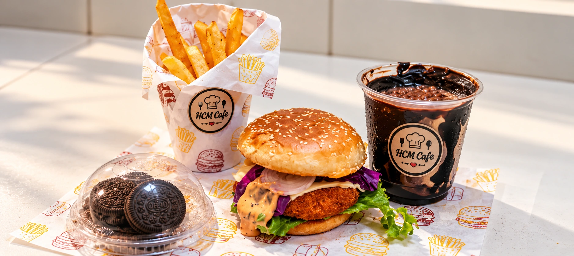 HCM Café burger, fries, chocolate drink and cookies in branded packaging